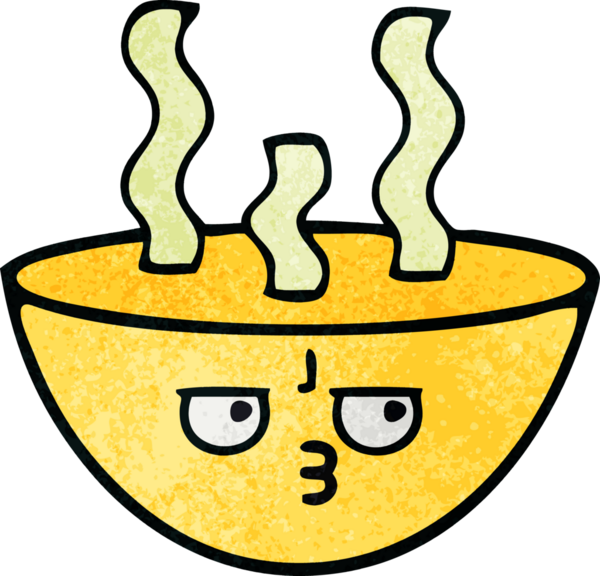 Bir insan tarafından çizilmiş sıcak çorba kasesinin retro grunge desenli karikatürü.