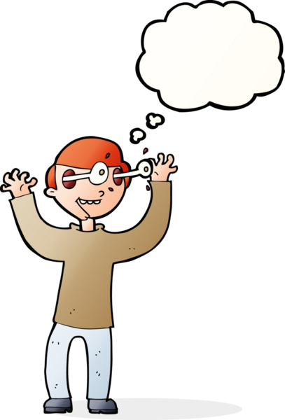 Bir insan tarafından çizilmiş düşünce baloncuğuyla gözlerinden fırlayan çizgi film adamı.