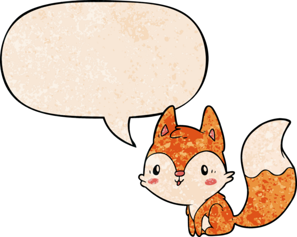 Konuşma baloncuğu olan sevimli çizgi film tilkisi insan tarafından çizilmiş eski moda dokular.