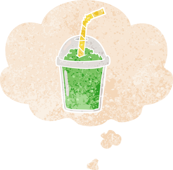 Düşünce baloncuklu karikatür buzlu smoothie grunge sıkıntılı retro dokuma tarzı bir insan tarafından çizilmiş