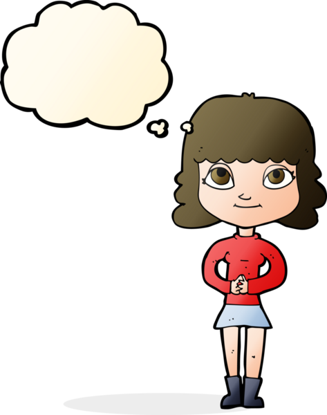 Bir insan tarafından çizilmiş düşünce balonlu mutlu kadın çizgi filmi.