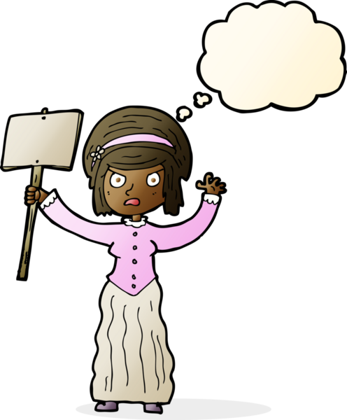 Bir insan tarafından çizilmiş düşünce baloncuğuyla protesto eden Viktorya dönemi kadını.