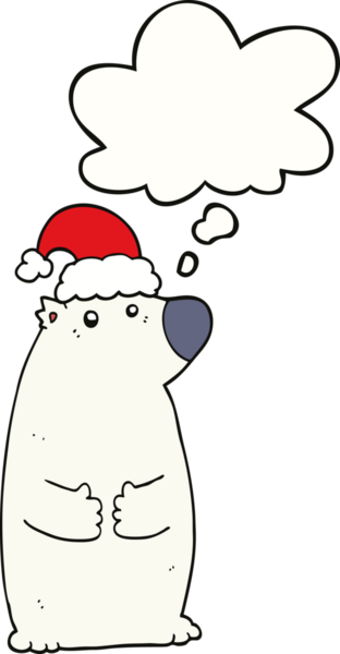 Bir insan tarafından çizilmiş düşünce balonlu Noel şapkası takan çizgi film ayısı.
