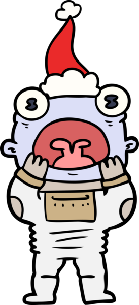 Bir insan tarafından çizilmiş Noel Baba şapkasıyla nefes nefese kalmış bir uzaylının el çizimi.