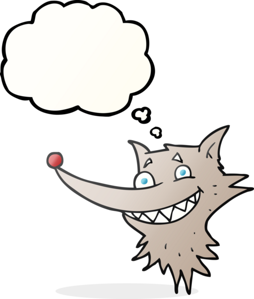 Bir insan tarafından çizilmiş serbest çizilmiş düşünce kabarcığı çizgi filmi sırıtan kurt yüzü.