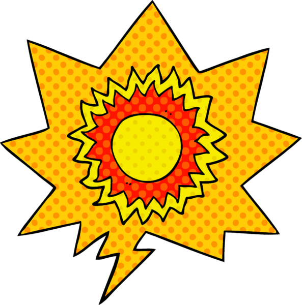 Bir insan tarafından çizilmiş çizgi roman tarzında konuşma baloncuğu olan bir çizgi film güneşi.