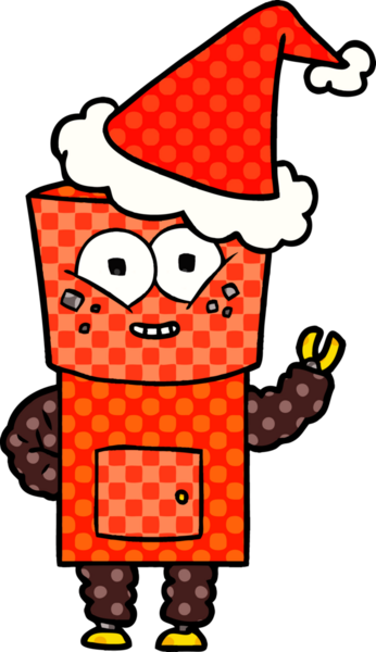 Bir insan tarafından çizilmiş Noel Baba şapkasıyla selamlaşan bir robotun çizdiği çizgi roman çizimi.
