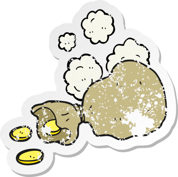 Bir insan tarafından çizilmiş para dolu bir karikatür çantasının geriletilmiş etiketi.