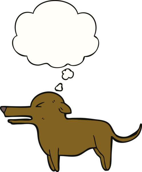 Bir insan tarafından çizilmiş düşünce baloncuklu çizgi film köpeği.