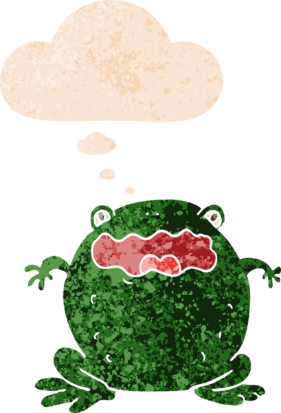 Düşünce baloncuklu çizgi film karakurbağası grunge sıkıntılı retro dokuma tarzı bir insan tarafından çizilmiş