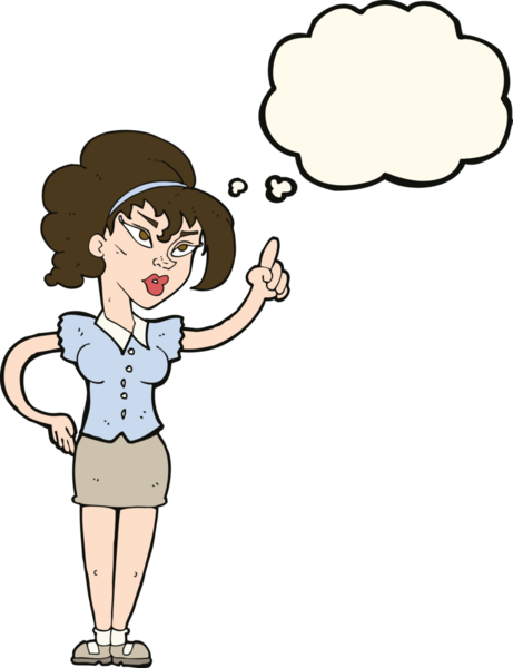 Bir insan tarafından çizilmiş düşünce baloncuğu fikri olan karikatür kadın.