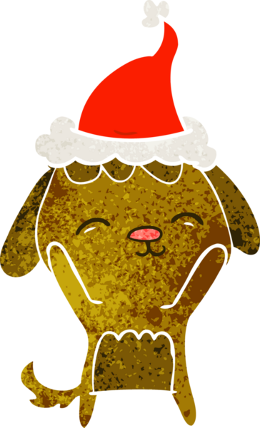 Mutlu el çizimi. Bir insan tarafından çizilmiş Noel Baba şapkası takan bir köpeğin eski çizgi filmi.