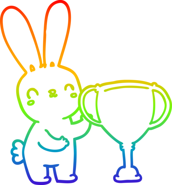 Gökkuşağı gradyan çizgisi üzerinde bir insan tarafından çizilmiş spor kupası olan şirin bir çizgi film tavşanı