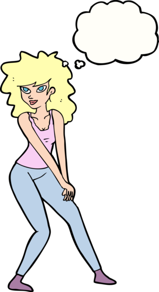 Bir insan tarafından çizilmiş düşünce balonuyla poz veren karikatür kadın.
