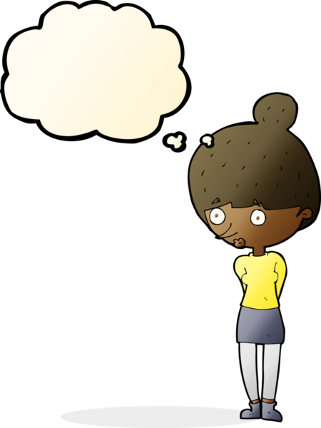 Bir insan tarafından çizilmiş düşünce balonuyla bakan çizgi film kadını.