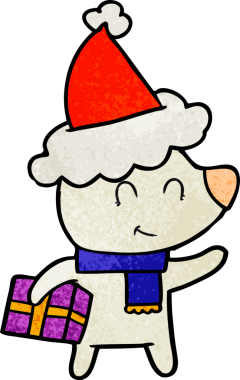 Noel hediyesi olan dişi kutup ayısı bir insan tarafından çizilmiş Noel Baba şapkası giyiyor.