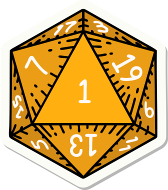 Bir insan tarafından çizilmiş doğal 1 D20 zar etiketi.