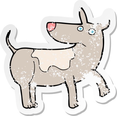 Bir insan tarafından çizilmiş komik bir karikatür köpeğinin gerilmiş çıkartması.