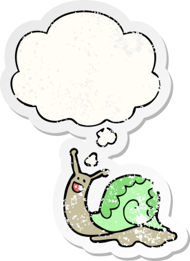 Düşünce baloncuğu olan sevimli çizgi film salyangozu bir insan tarafından çizilmiş yıpranmış bir çıkartma.