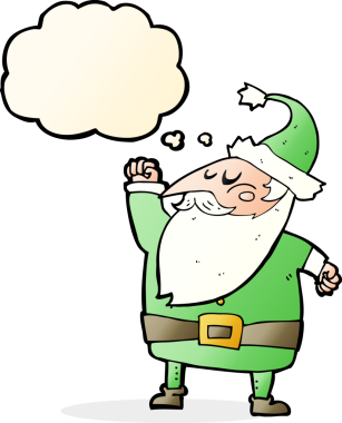 Bir insan tarafından çizilmiş düşünce baloncuğuyla havayı yumruklayan Noel Baba çizgi filmi.