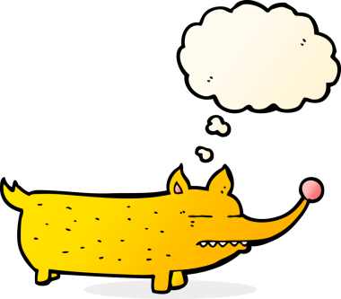 Bir insan tarafından çizilmiş düşünce baloncuğu olan komik bir köpek.