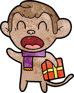 Bağıran maymun bir insan tarafından çizilmiş Noel hediyesini taşıyor.