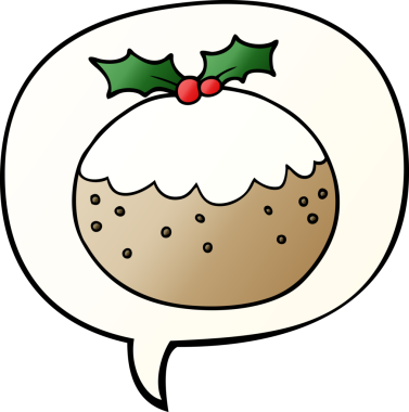 Karikatür noel pudingi, konuşma baloncuğu ile bir insan tarafından çizilmiş yumuşak bir gradyan stili.