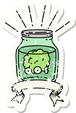 Bir insan tarafından çizilmiş kavanozda dövmeli bir beynin eski bir çıkartması.