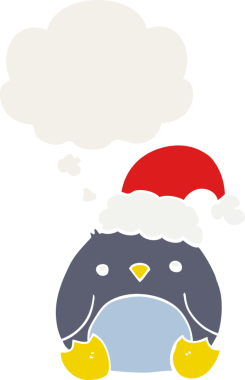 Bir insan tarafından çizilmiş düşünce baloncuklu Noel şapkası takan sevimli penguen çizgi filmi.