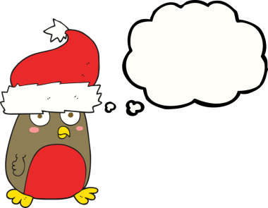 Bir insan tarafından çizilmiş Noel şapkası takan serbest çizim baloncuk karikatür robin.