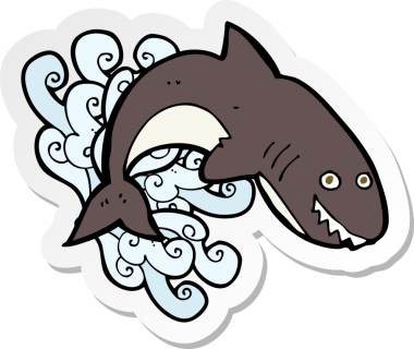 Bir insan tarafından çizilmiş karikatür köpekbalığı etiketi.