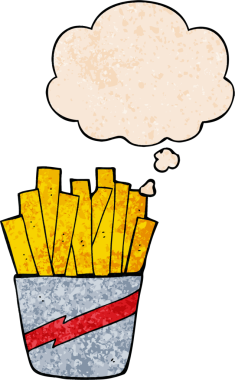 Bir insan tarafından çizilmiş grunge desenli düşünce baloncuklu patates kızartması kutusu.