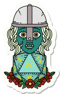 Bir insan tarafından çizilmiş 20 zarlı yarı ork savaşçı karakterinin çıkartması.