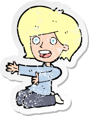 Bir insan tarafından çizilen dizlerinin üzerine çöken bir karikatürün gerilimli çıkartması.