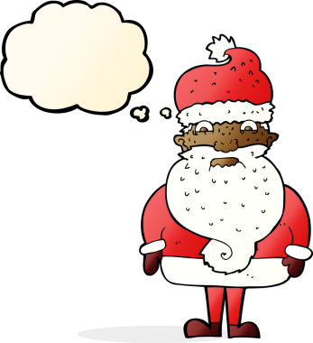 Huysuz Noel Baba çizgi filmi. Düşünce baloncuğu insan tarafından çizilmiş.