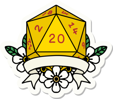 Bir insan tarafından çizilmiş 20 kritik vuruşluk D20 zar etiketi.