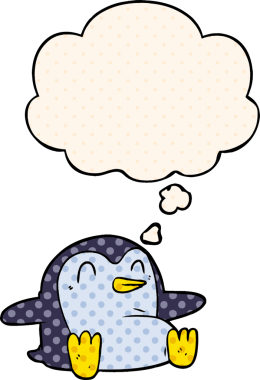Çizgi roman tarzında bir insan tarafından çizilmiş düşünce baloncuğu olan penguen.