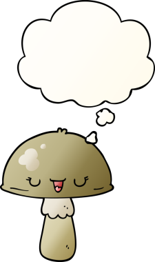 Düşünce baloncuğu olan karikatür mantarı bir insan tarafından çizilmiş.