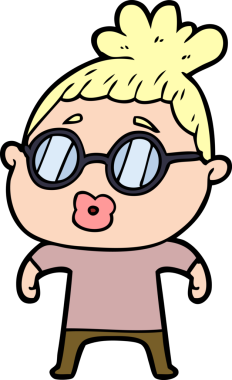 Bir insan tarafından çizilmiş gözlüklü bir karikatür kadın.