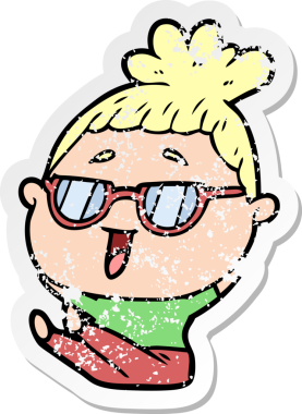 Bir insan tarafından çizilmiş gözlük takan mutlu bir kadının sıkıntılı çıkartması.