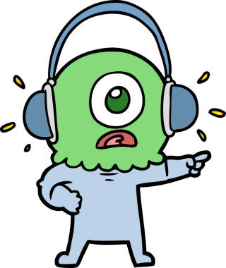 Çizgi film Tepegöz uzaylı uzay adamı bir insan tarafından çizilmiş kulaklık takıyor.