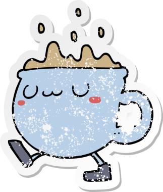 Bir insan tarafından çizilmiş çizgi film kahve fincanının sıkıntılı çıkartması.