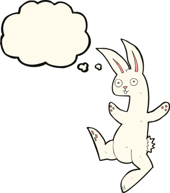 Bir insan tarafından çizilmiş düşünce baloncuklu komik beyaz tavşan.