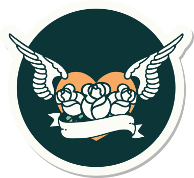 Geleneksel bir dövme stili. Uçan kalp. Çiçekler ve bir insan tarafından çizilmiş bayrak.