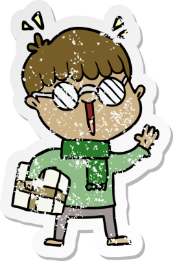 Bir insan tarafından çizilmiş paketli bir karikatürcü çocuğun sıkıntılı çıkartması.