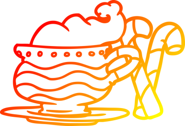 Bir insan tarafından çizilmiş şeker kamışlı sıcak bir Noel kakaosu çizimi.