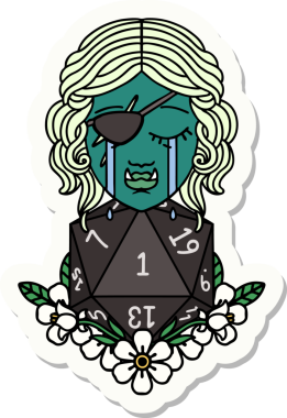 Ağlayan yarı ork haydut bir karakterin çıkartması. Bir insan tarafından çizilmiş doğal bir D20 rulosu.