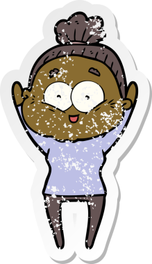 Bir insan tarafından çizilmiş mutlu, yaşlı bir kadının sıkıntılı çıkartması.