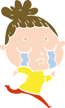 Düz renkli çizgi film karakteri ağlayan kadın bir insan tarafından çizilmiş.