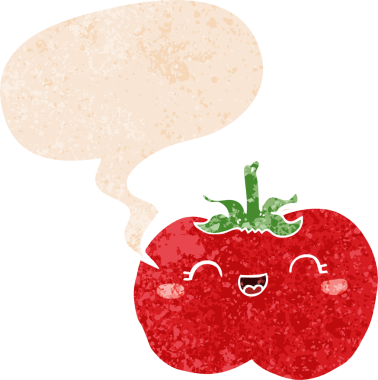 grunge 'da konuşma baloncuğu olan çizgi film domatesleri bir insan tarafından çizilmiş sıkıntılı retro dokuma tarzı